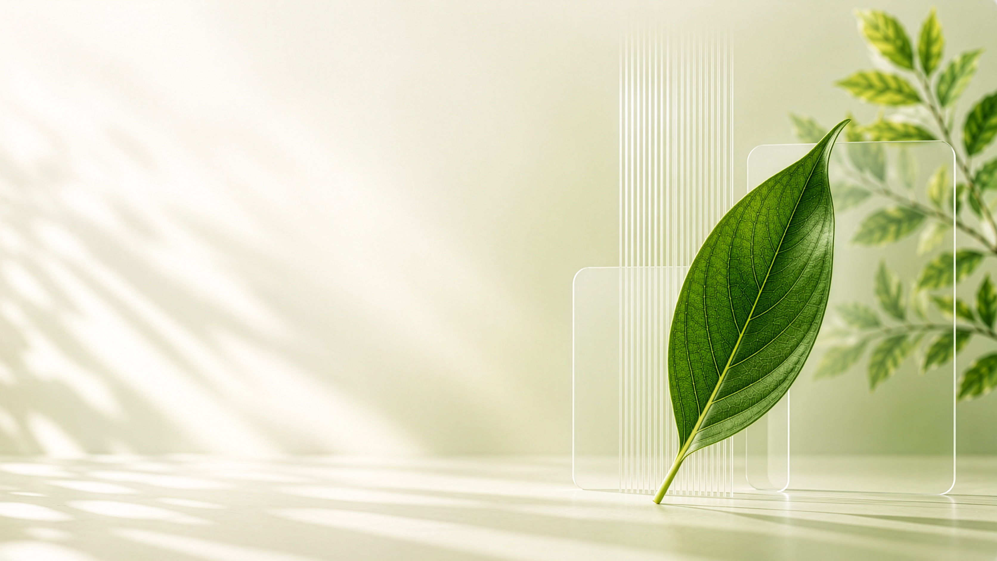A single green leaf leaning against frosted glass panels with soft window light