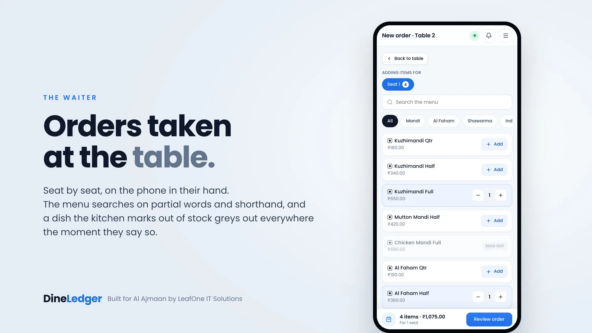 The waiter app taking an order for table 2, seat by seat, with a sold-out dish greyed out